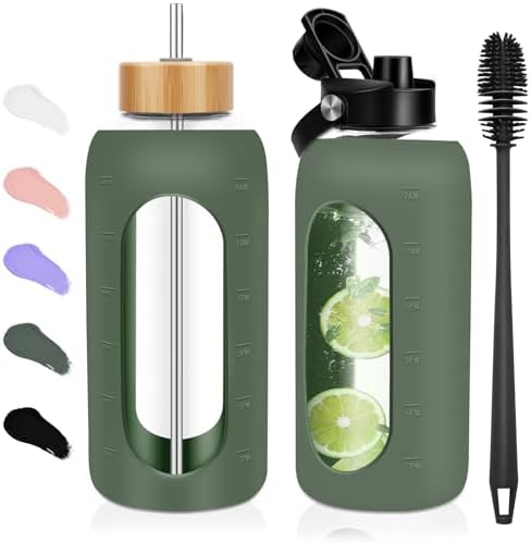 FULBEVY Glass Water Bottles 64 oz - Half Gallon Large Motivationa...