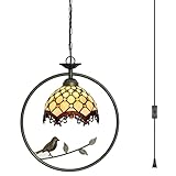 ZYLINX Tiffany Stained Glass Pendant Lamp with Bird Hanging Light Chandelier in Multicolor with Adjustable Hanging Cord for Dining Room Bedroom Restaurant (Beads)