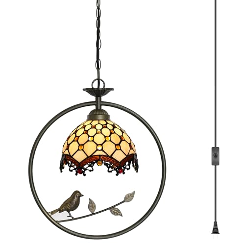ZYLINX Tiffany Stained Glass Pendant Lamp with Bird Hanging Light Chandelier in Multicolor with Adjustable Hanging Cord for Dining Room Bedroom Restaurant (Beads)