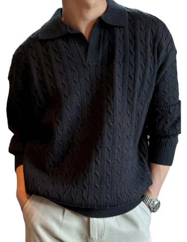 JMIERR Mens Wool Blend Pullover Sweater Casual Cable Knit, XL, Navy Blue