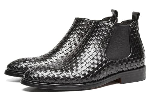 Santimon Mens Chelsea Boots Leather Woven Slip on Dress Boots for Men Ankle Casual Boots Black Brown3