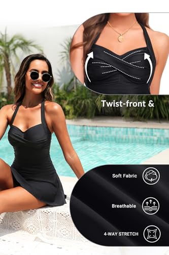 Tempt Me Women One Piece Swimsuit with Skirt Tummy Control Swim Dress Halter Vintage Bathing Suit
