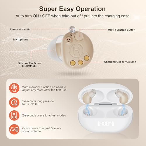 Hearing Aids, Invisible Rechargeable Digital Hearing Aids for Seniors with 16-Channel Sound Processing Noise Cancelling OTC Auto-On/Off with Charging Case