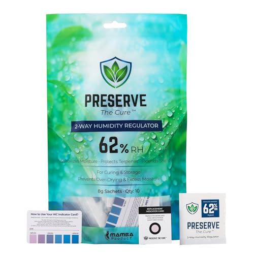 Image of Preserve The Cure 8g Humidity Control Packs for Storage Containers, 62% RH | 10pc, up to 28g / 1oz, 2-way moisture control, freshness indicator, protects texture, reduces drying, sealed pouch