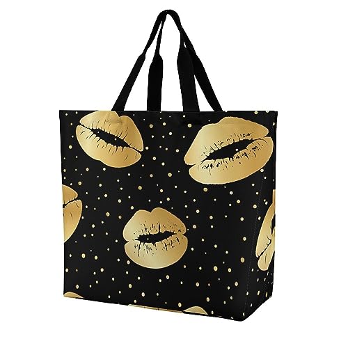 Sac shopping femme lèvres d'or cabas fourre-tout grand format noir