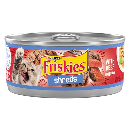 Purina Friskies Shreds With Beef in Gravy, Wet Cat Food Gravy, Indoor Canned Cat Food Wet, (Pack of 24) 5.5 oz. Cans