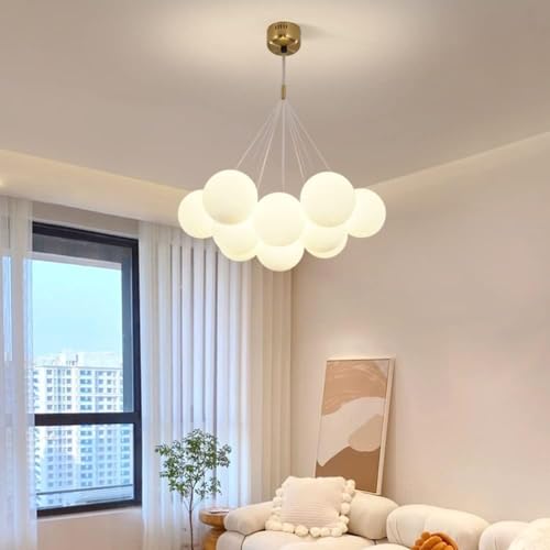 HXYSXHJUO Lustre Blanc Laiteux pour Salle à Manger 7/13, Suspension Boule en Verre dépoli, Style Nordique mi-siècle, Bulle dorée pour Chambre à Coucher,...