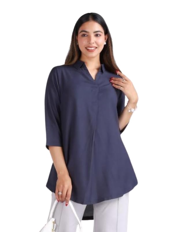Image of Mlada Rayon Flare Top for Women | 3 /4th Sleeve Regular Fit and Flare Top | Women Office Tops Tunic | Western Long Shirt Top for Women | Shirt Collar Top for Women | Rayon Tunic Tops for Women Western
