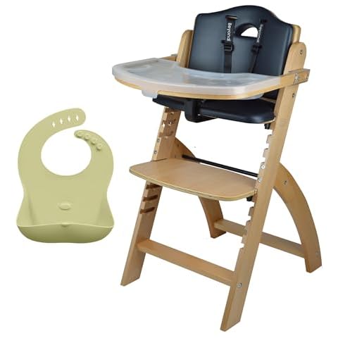 Abiie Beyond Junior Natural Wood/Black Cushion Convertible 3-in-1 Wooden High Chairs for 6 Months to 250 lbs, and Ruby Wrapp Yellow Waterproof Silicone Bibs with Front Pocket - Baby Essentials Cover