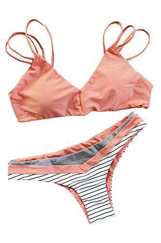 CUPSHE Women's Strappy Stripe Printing Padding Bikini Set Beach Swimwear Bathing Suit Medium Multicolor