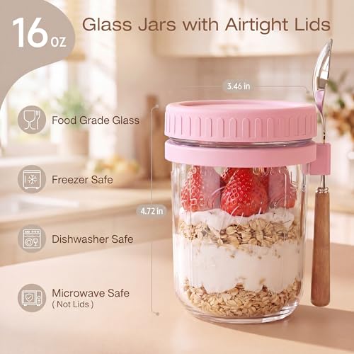 Image of HomArtist Glass Overnight Oats Containers with Lids and Spoon, 16 oz Wide Mouth Mason Jars for Overnight Oats, Cereal, Yogurt, Salad Lunch Container with Measurement Marks - Pink&White 2 Pack