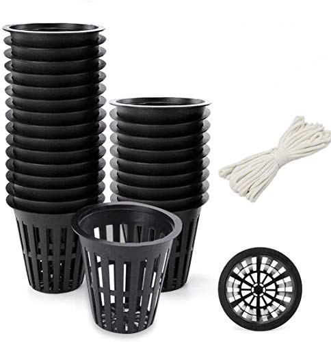 SHEEFLY 25 Pack Plant Nursery Net Pots 2 Inch Plastic Net Cups for Hydroponics-Reusable Wide Lip Round Bucket Basket with Self-Watering Capillary Water Wick for Hydroponics Orchid Garden Cover