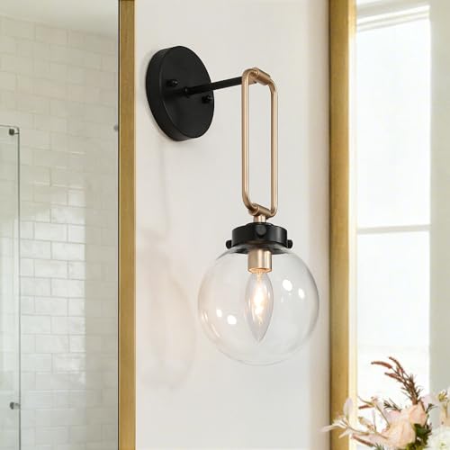 Image of KSANA Black and Gold Wall Sconce, 1-Light Wall Mounted Light Fixtures 14.5 inch H Mid-Century Modern Sconce Wall Lighting for Bedroom Living Room, Clear Globe Glass Shade