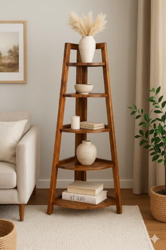 Image of SHYAM ART & CRAFT Solid Sheesham Wooden Corner Bookshelf for Living Room Floor Standing Corner Book Shelf 5 Tier Ladder Cabinet Corner Shelf for Home Decor|Bookshelf for Home | Brown Finish