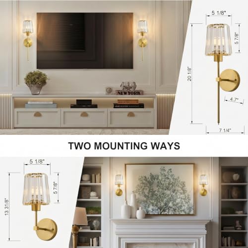 Image of KARTOOSH Hardwired Crystal Wall Sconces Set of 2 | 20.1 Inch Brass Conical Crystal Wall Lights Dimmable 3000K Warm White Wall Lamps for Hallway, Bathroom, Living Room, Bedroom