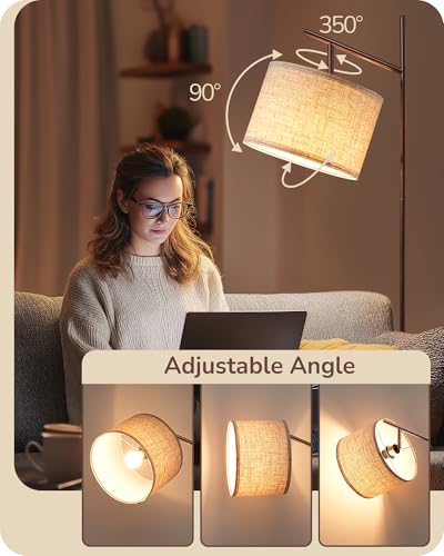 Image of EDISHINE 64.7 inch Modern Arc Floor Lamps for Living Room, Brown Standing Lamp | 3 Color Temperatures, Bulb Included, Adjustable Linen Shade, Foot Switch, Tall Light for Bedroom, Office, Nursey