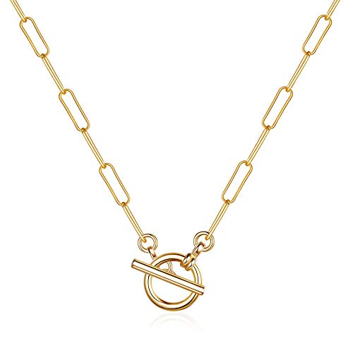 Turandoss Gold Paperclip Chain Necklace for Women, 14K Gold Plated Dainty Paperclip Link Chain Necklace Medallion Evil Eye Star Lightning Heart Butterfly Oval Link Paperclip Chain Necklaces for Women