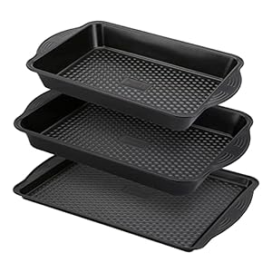 PRESTIGE Aerolift Baking Trays for Oven Non Stick Set of 3 – Dishwasher Safe Oven Trays Set with Extra Large Handles, Durable Carbon Steel Roasting Tins with 5 Year Guarantee, Black, 3 Piece Set