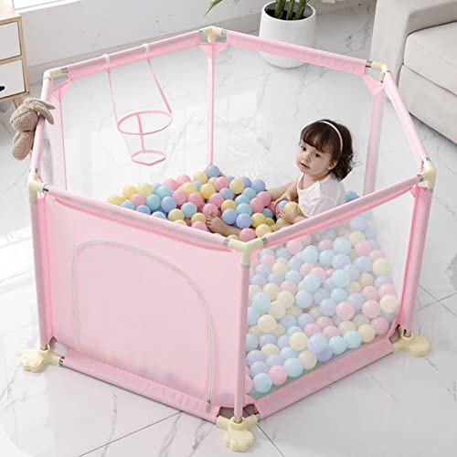 Jolan Baby Playpen with Mat,Hex Playpen,Kids Safety Playard Crawling Playpen,Portable Baby Fence, Playpen for Baby and Toddlers,with Breathable Mesh and Zip Door,for Indoor Outdoor,Pink-125×65×65cm