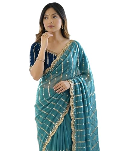 Image of SIRIL Women's Shimmer Georgette Scalloped Border Sequins Embroidery Saree with Unstitched Blouse Piece