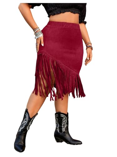 Floerns Women's Plus Size Elastic Waist Fringe Trim Western Cowgirl Midi Skirt