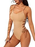 Narecte Women's Apricot L One-Piece Swimsuit, Cheeky Cut, High Cut, Lace-Up Sides, Adjustable Straps, Perfect for Beach, Swimming, Vacation
