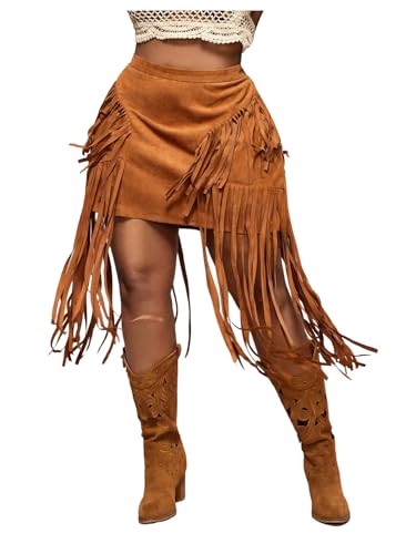 WDIRARA Women's Plus Size Faux Suede Fringe Skirt High Waisted Tassel Trim Western Cowgirl Skirts