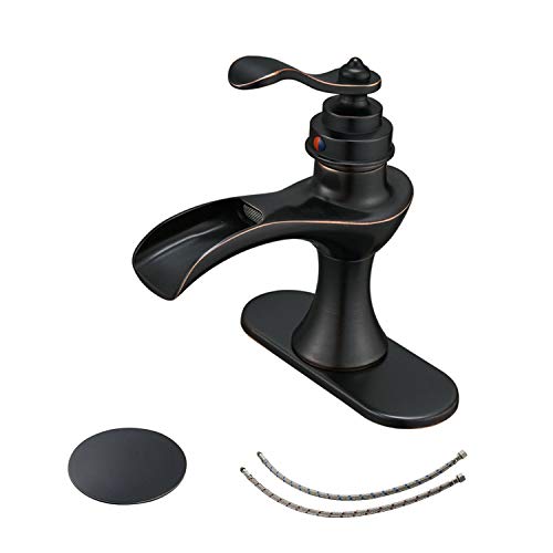BWE Waterfall Bathroom Faucet Oil Rubbed Bronze Farmhouse with Pop Up Drain Assembly and Supply Hose Lead-Free Rv Single Handle for Sink One Or 3 Hole Bath Vanity Lavatory Mixer Tap