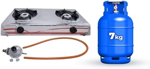 2 Burner Stainless Steel Gas Stove with Fittings & Gas Cylinder - 7kg (LPG)