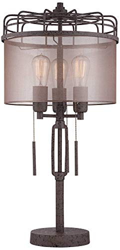 Franklin Iron Works Lock Arbor Industrial Farmhouse Table Lamp 28.75" Tall Rustic Bronze Metal Cage Sheer Drum Shade Vintage Antique Edison Bulbs For Living Room Bedroom House Bedside Nightstand #TOP5