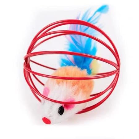 Brinquedo Interativo para Gatos – Bola Gaiola 6,5 cm com Pena e Ratinho – Estimula o Instinto de Caç