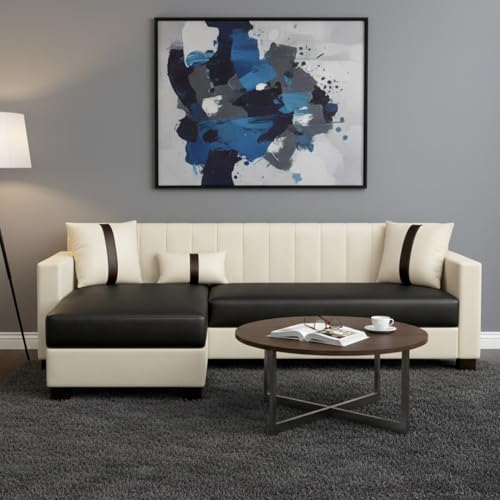 Image of SOCOZI Averique 4 Seater LHS L Shape Sofa Set |Premium Leatherette Upholstery | Modern Design | Plush Comfort Cushions for Living Room (Cream-Black)