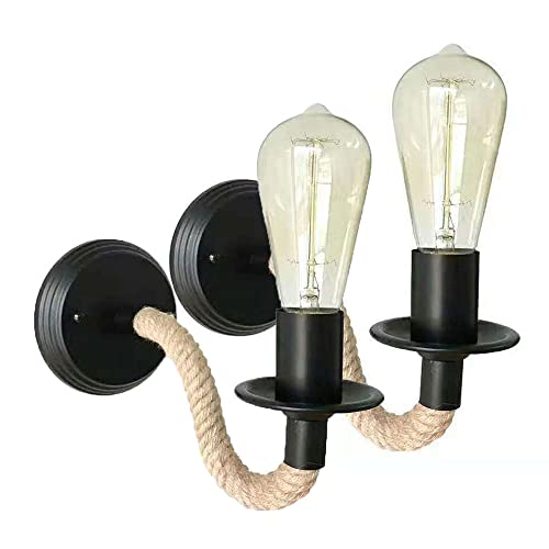 Ahzhlb Retro-Industrie-Wandleuchte, amerikanische antike Hanfseil-Wandleuchte, E27-Fassung, Gebogene Vintage-Röhren-Wandleuchten für Flur, Küche, Bar, Café, Loft, Restaurant (2 Stück) Cover