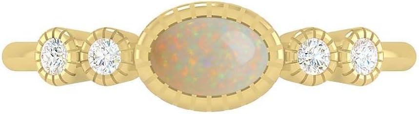 Natural Opal and Diamond Ring for Women in 14K Gold or 925 Sterling Silver – Oval Cut White Gemstone Dainty Stackable October Birthstone Ring