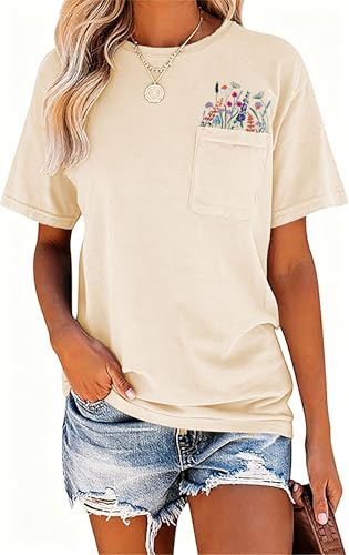 Women Embroidered Shirt Graphic Tees Wildflower Print with Pocket