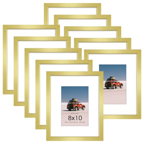 Fisnish 8x10 Picture Frame Sef of 10, Display Pictures 5x7 with Mat or 8 x 10 Without Mat, Photo Frame Collage for Wall Gallery Decor, Hanging or Tabletop Display, Gold