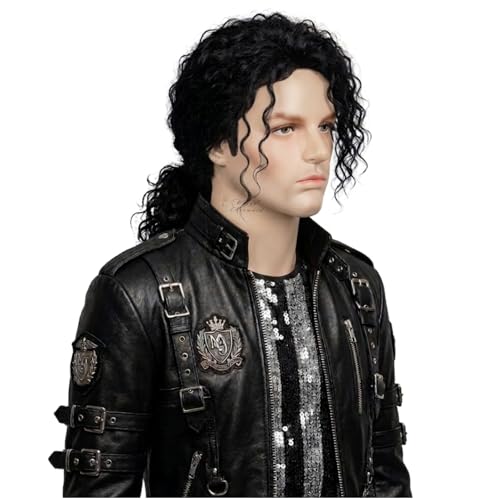 Wiggy Mermaid Black Mullet Wig for Men Long Black Curly Wig 70s 80s Rocker Star Punk Hair Wigs for Halloween Costume Party Performance Cosplay