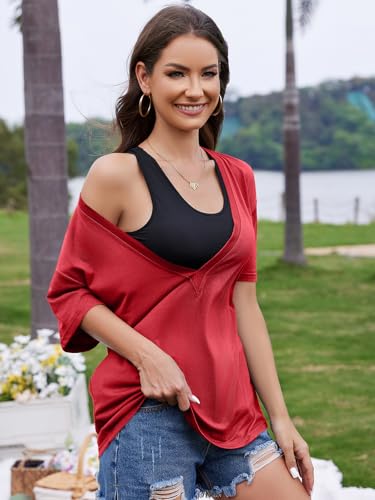 Image of UNCLECAT Womens Deep V Neck T Shirts Summer Oversized Short Sleeve Tops