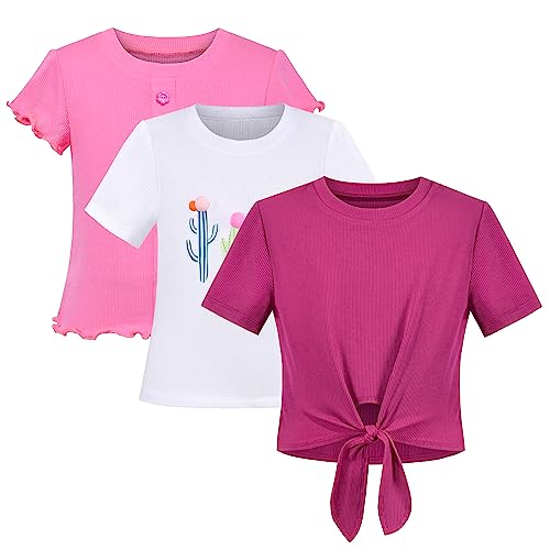 Image of Sunny Fashion Girls Crop Top 3-Pack Rib-Knit Knot Hem Lettuce Trim Basic Casual Short