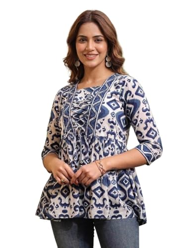 Image of NAINVISH Women's Blue Floral Printed A-line Square Neck Top (SD669 T)