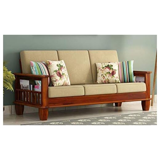 S D FURNITURE Solid Wooden Sofa Set 3 Seater Furniture Wood 3 Seater Sofa Set Teak Wood Furniture Sofa Set 3 Seater for Home Living Room with Cushions Wooden Sofa Set (Honey Finish)