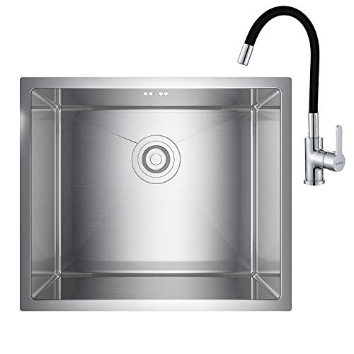 Spülbecken Edelstahl eckig mit 1 Küchenarmatur Schwarz 360° drehbar Wasserhahn Küche 55x45x19 CM,Spüle Edelstahl gebürstet, klein Einbauspüle
