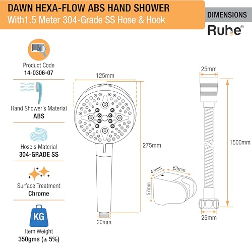 Image of Ruhe Dawn Multi-Functional Hexa-Flow Modes ABS Hand Shower | Hard Water Softner Filtered Handheld Shower with 1.5 Meter 304-Grade Stainless Steel Hose & Hook