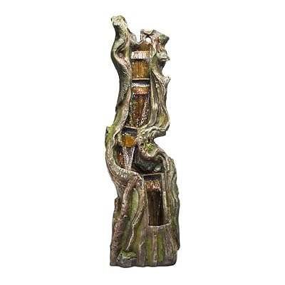 Alpine Corporation TVH156 Outdoor Floor Cascading Tree Trunk Water Fountain with LED Lights, Waterfall with Lights, 79", Brown