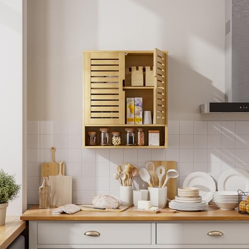 Miniatura 8 de Smibuy Gabinete De Baño Montado En La Pared, Organizador De Bambú Para Almacenamiento Sobre El Inodoro, Gabinete De Medicina Para Ahorrar Espacio Con 2 Puertas Y Estantes Ajustables Natural