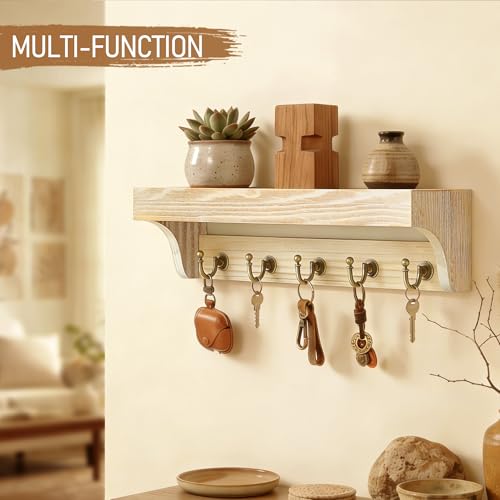 Image of Rebee Vision Farmhouse Pine Wood Key Holder Wall Mount for Room Decor - Rustic Key Holder for Wall with Shelf for Small Plant and Cute Things - Ideal Entryway Organizer in House (Natural Wood)