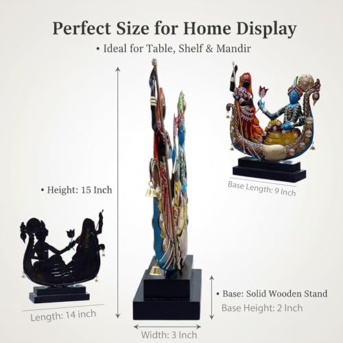 Image of KRAFTSKALA Radha Krishna Boat Showpiece for Home Decor | Iron Metal Decorative Idol with Wooden Base | 15 Inch Spiritual Statue for Living Room, Bedroom, Temple & Gifting