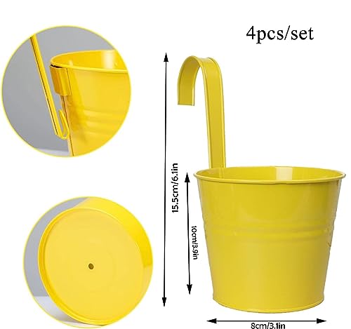 Wensmy 4PCS Metal Hanging Plant Flower Pots with Drainage Hole Fence Balcony Railing Planters Outdoor Garden Pots with Detachable Hooks (Yellow) - Image 4