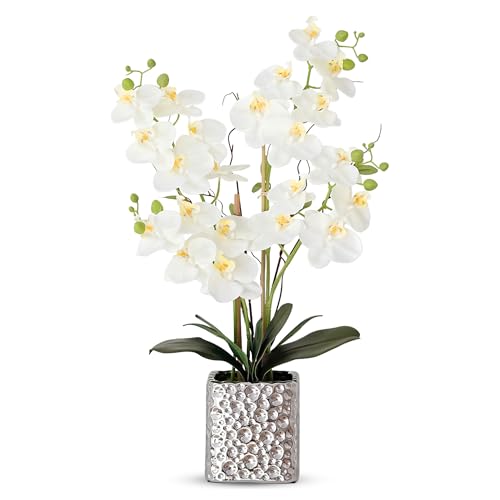 SJC Orchid Artificial Flowers with Sliver Vase Large Silk Faux Phalaenopsis Flowers for Dining Room Table Floral Centerpieces Indoor Decoration,White by SJC - Used condition - US$38.77
