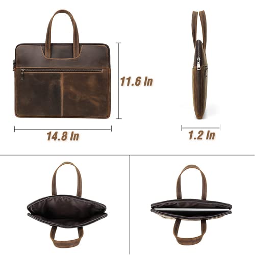 Image of Top Grain Leather Text Customizable 15.4 inch Slim Laptop Briefcase Handbag, Vintage Handmade, Compatible with MacBook Pro /Air 13.3 inch /14.2 inch /15.4 inch /16 inch & other Laptop /Tablet, Coffee 15.4 Inch